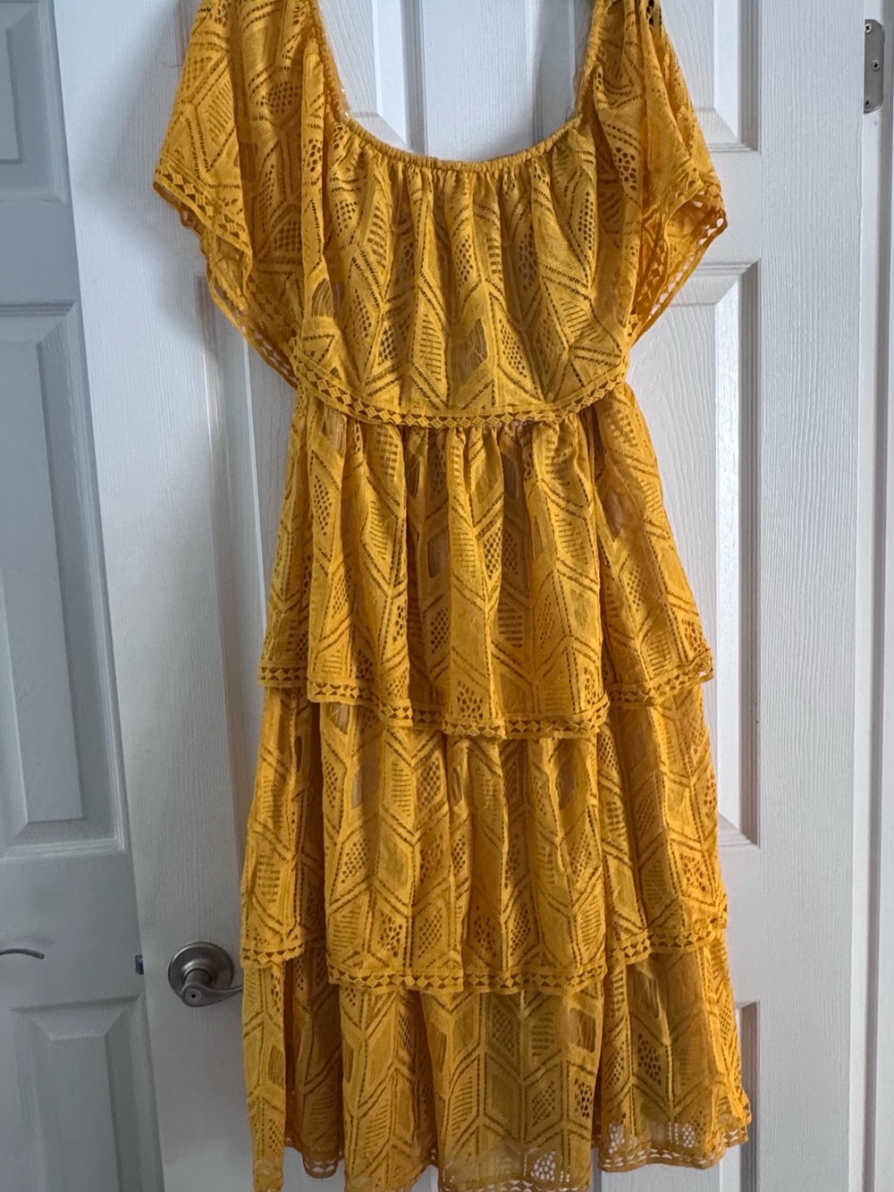 Just Me Mustard Yellow Tiered Off The Shoulder Lace Dress - Brand New
